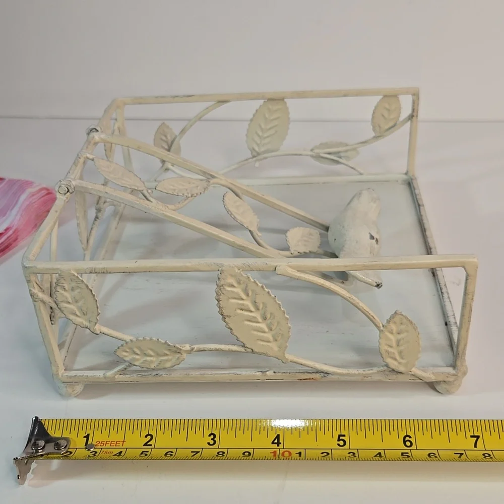 Shabby Chic Cottage Cream/Off White Metal Napkin Holder with Bird Vine Design